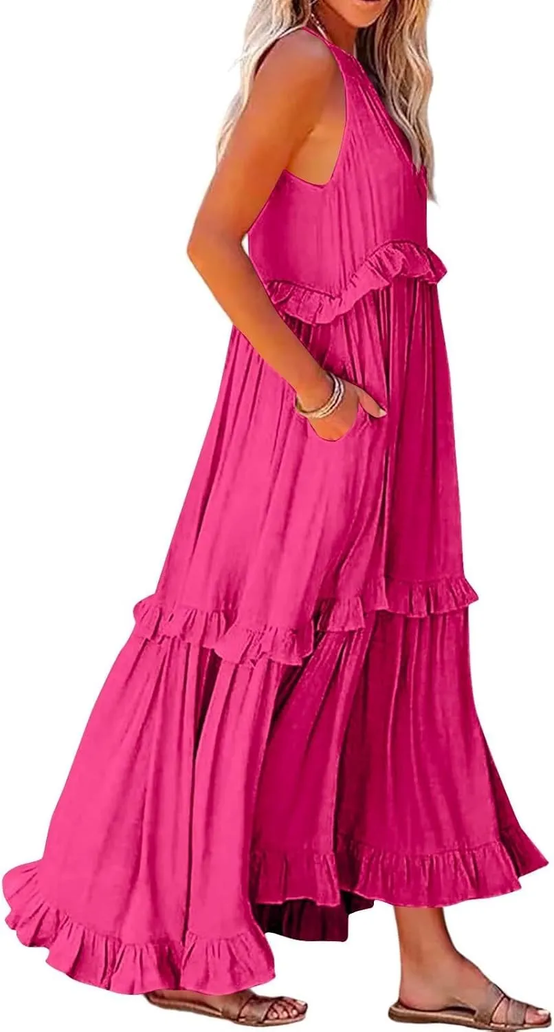 Casual Summer Dresses for Women Loose Round Neck Sleeveless Solid Color Sundress Fashion Pleated Long Maxi Dress