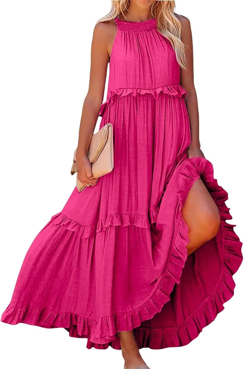 Casual Summer Dresses for Women Loose Round Neck Sleeveless Solid Color Sundress Fashion Pleated Long Maxi Dress