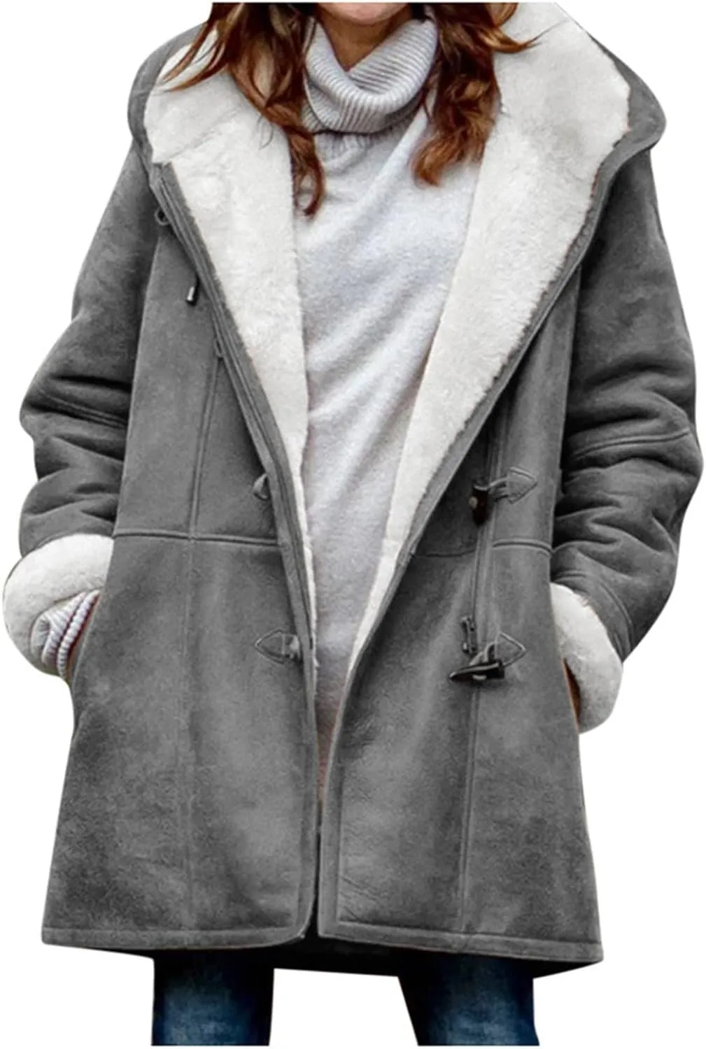 Ceboyel Women Fleece Winter Coats 2023 Sherpa Lined Suede Warm Jackets Hoodies Horn Buttons Long Coat Trendy Outfits Clothes Insulated Winter Jackets For Women 2023 Trendy Gray Xxxxl