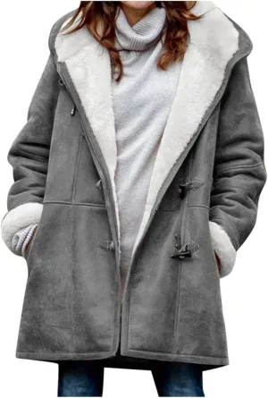 Ceboyel Women Fleece Winter Coats 2023 Sherpa Lined Suede Warm Jackets Hoodies Horn Buttons Long Coat Trendy Outfits Clothes Insulated Winter Jackets For Women 2023 Trendy Gray Xxxxl