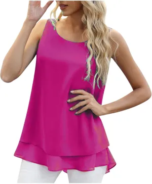Chiffon Tank Tops for Women Summer Sleeveless Double Layer Ruffle Hem Shirts Casual Plus Size Loose Fit Solid Blouse