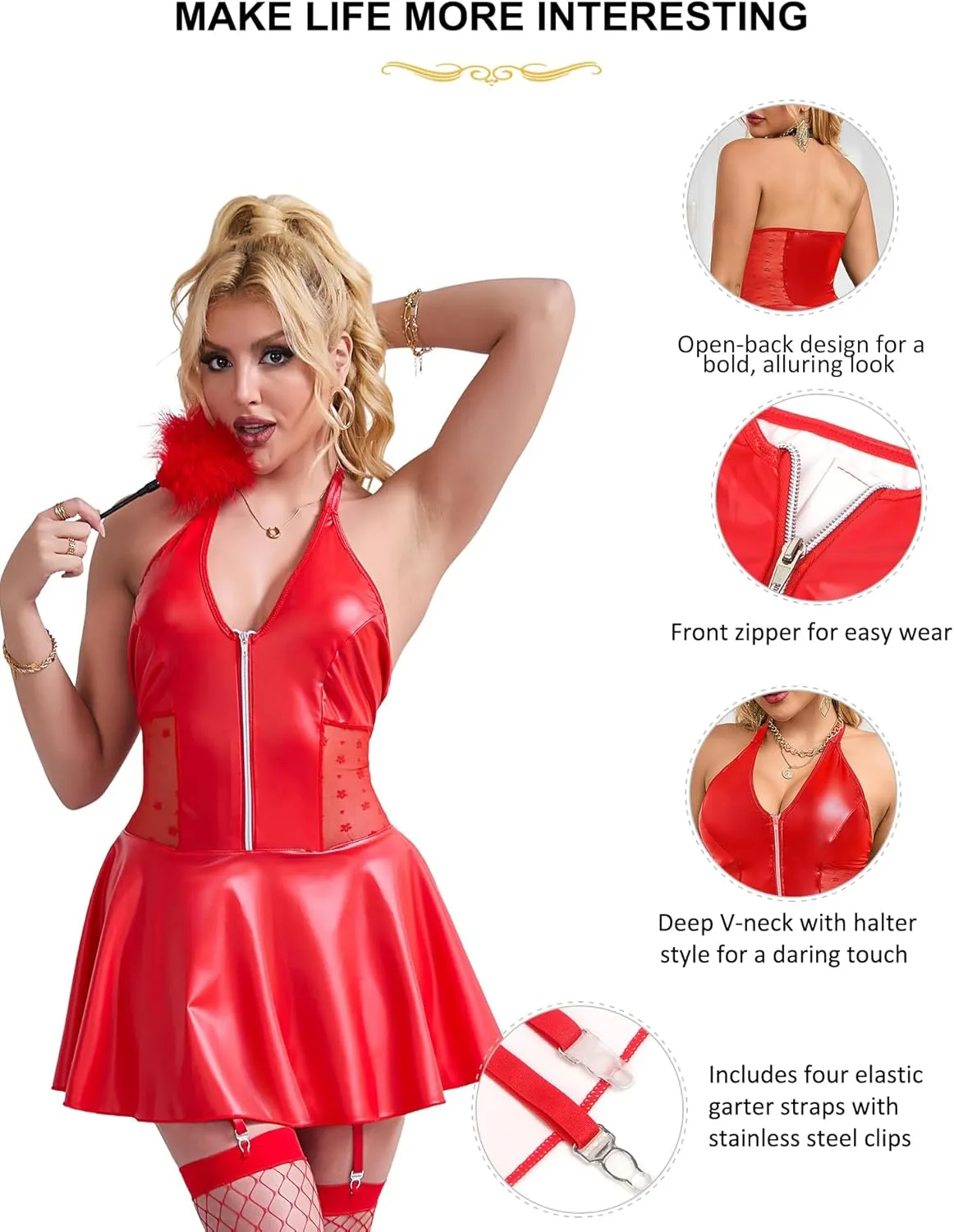 comeondear Women's Plus Size PU Leather Lingerie Set Backless Babydoll Clubwear with V-Neck Sexy Mini Dress with Zipper
