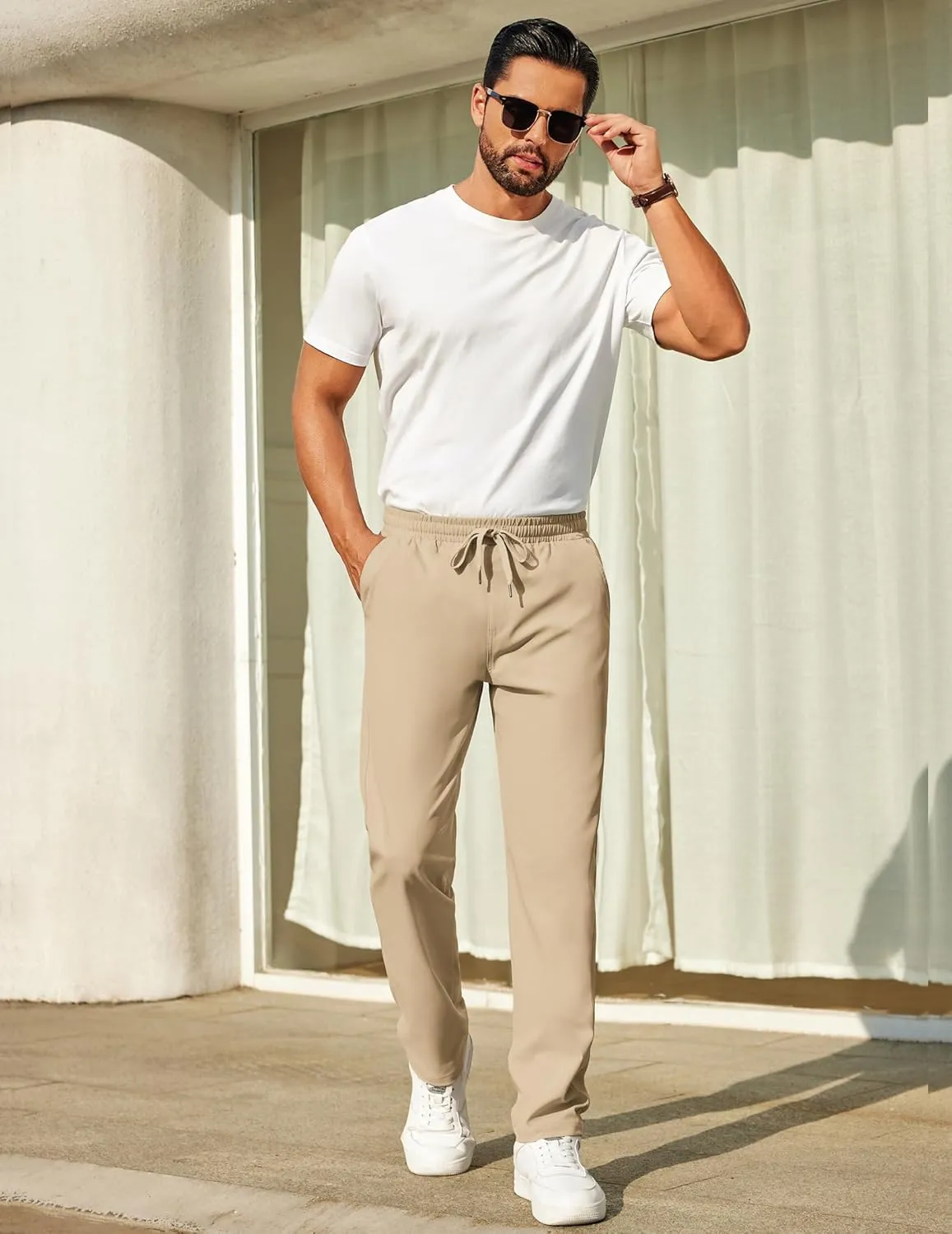 COOFANDY Mens Casual Pants Elastic Waist Chino Pants Lightweight Drawstring Pants with Pockets