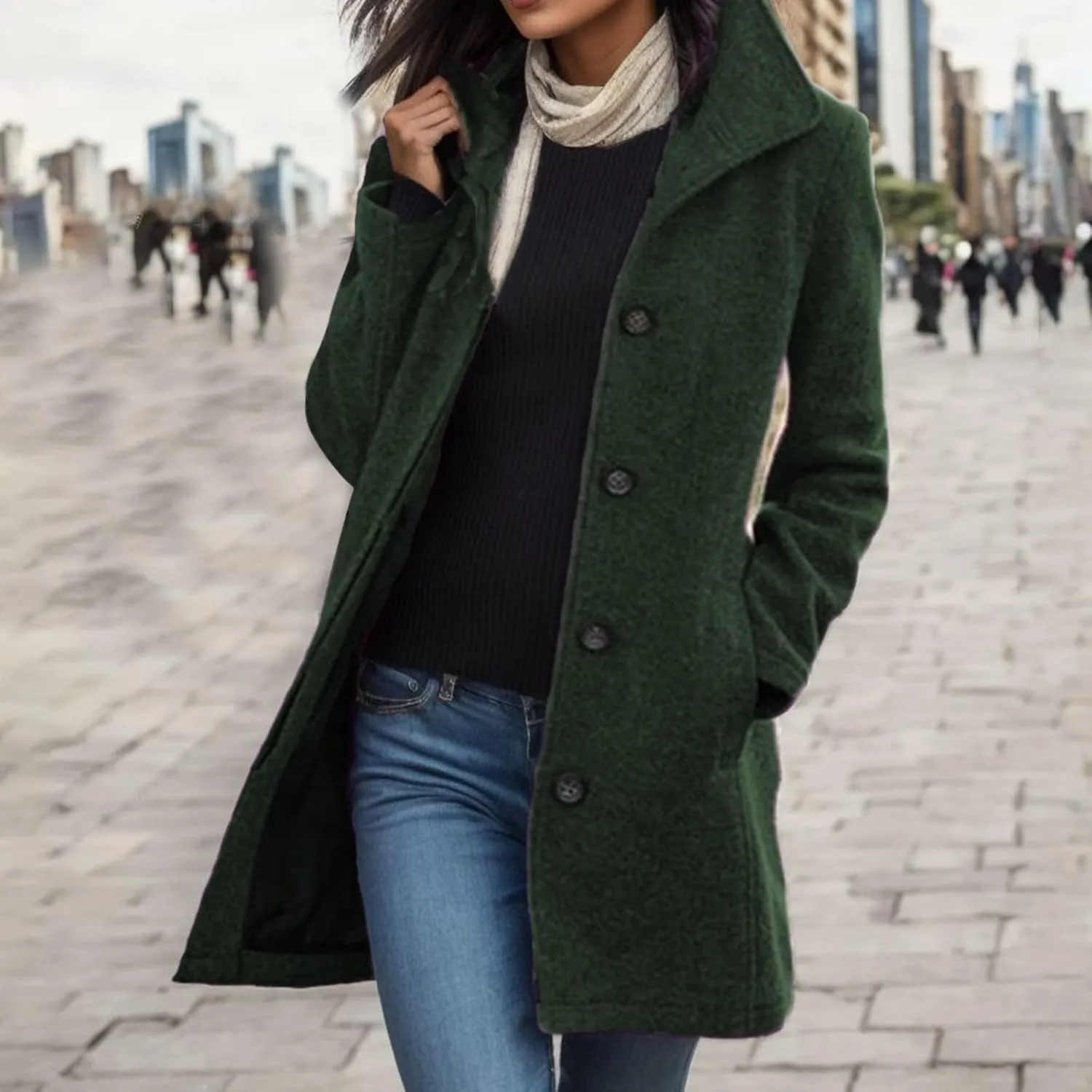 cooki Trench Coat for Women Faux Wool Single Breasted Pea Coat Mid Length Oversized Loose Long Dress Coat Fleece Jacket