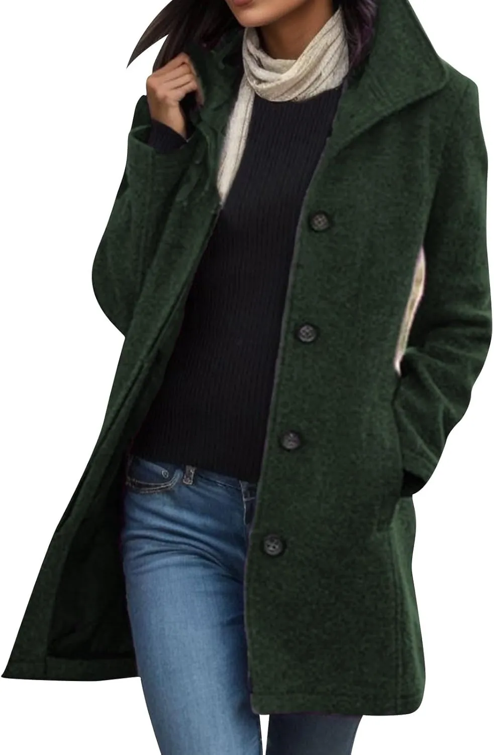 cooki Trench Coat for Women Faux Wool Single Breasted Pea Coat Mid Length Oversized Loose Long Dress Coat Fleece Jacket