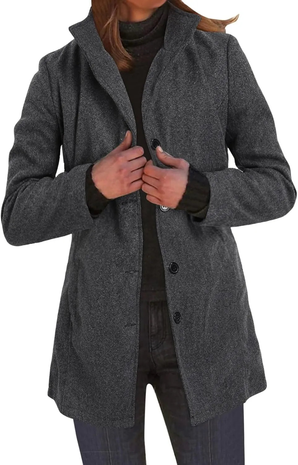 cooki Winter Coats for Women Lapel Single Breasted Pea Coats Women's Wool Blend Trench Coats Casual Button Down Jackets