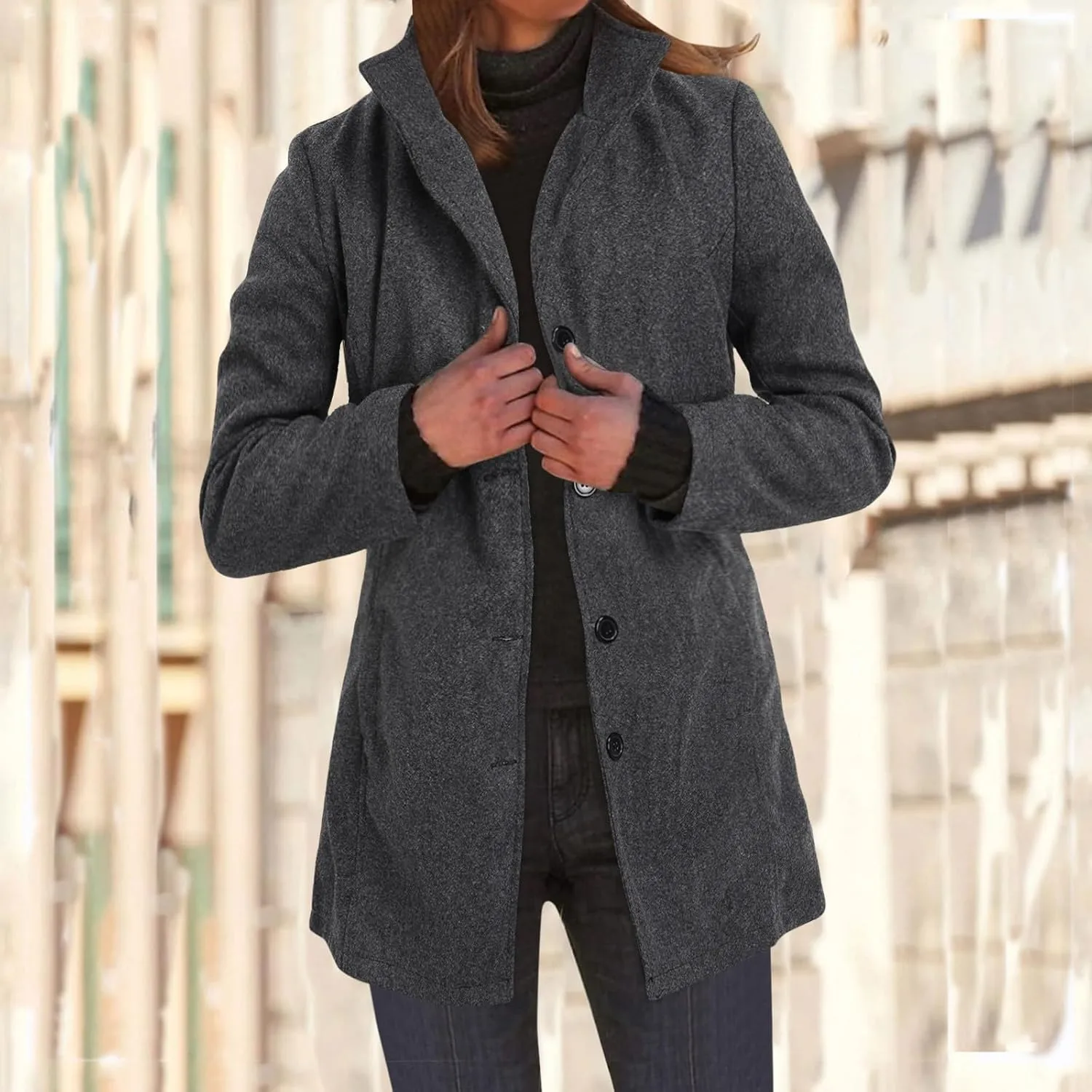 cooki Winter Coats for Women Lapel Single Breasted Pea Coats Women's Wool Blend Trench Coats Casual Button Down Jackets