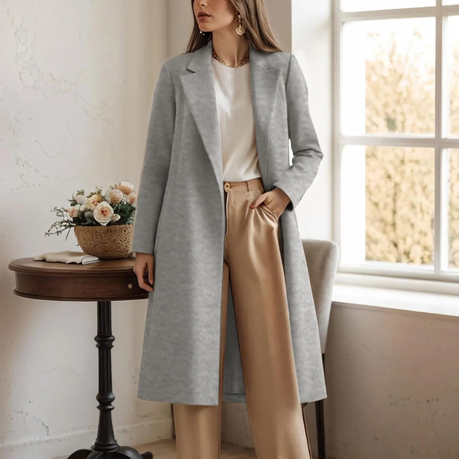 cooki Winter Coats for Women Long Warm Open Front Lapel Cardigan Jackets Womens Casual Wool Blend Trench Coats Pea Coats