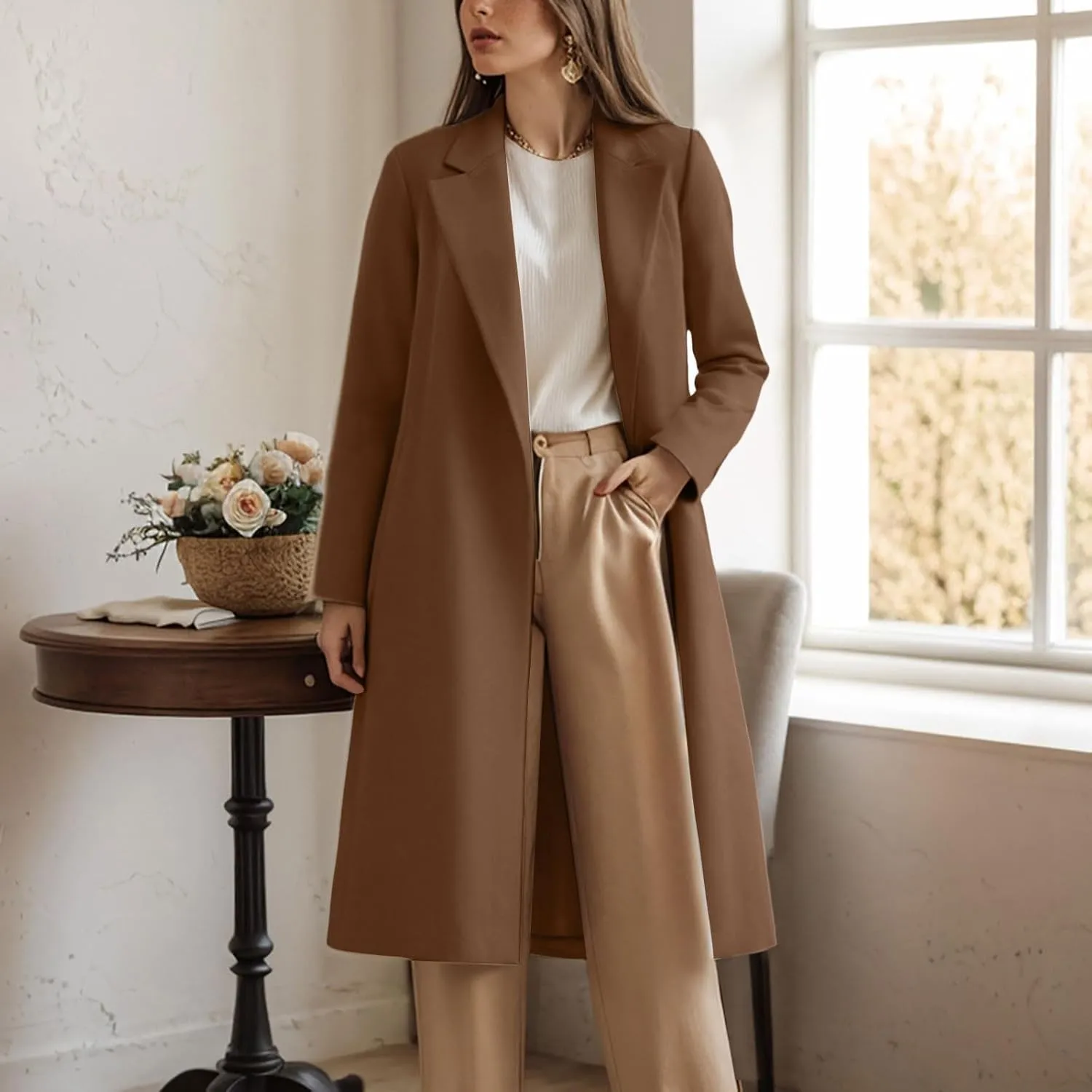 cooki Winter Coats for Women Long Warm Open Front Lapel Cardigan Jackets Womens Casual Wool Blend Trench Coats Pea Coats