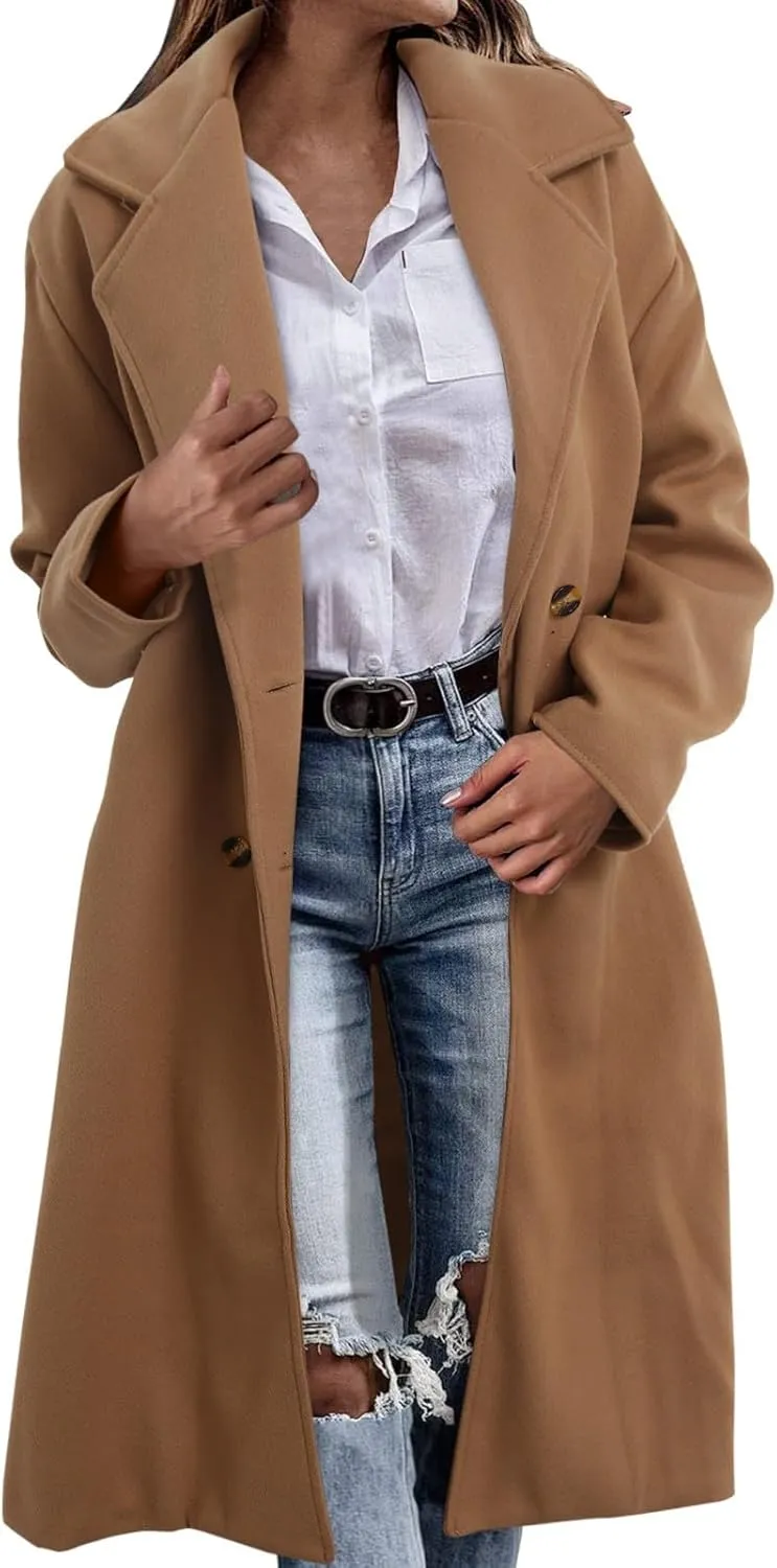 cooki Womens Coats Winter Long Loose Wool Blend Trench Coats Warm Pea Coat Plus Size Long Jackets Double Breasted Coats