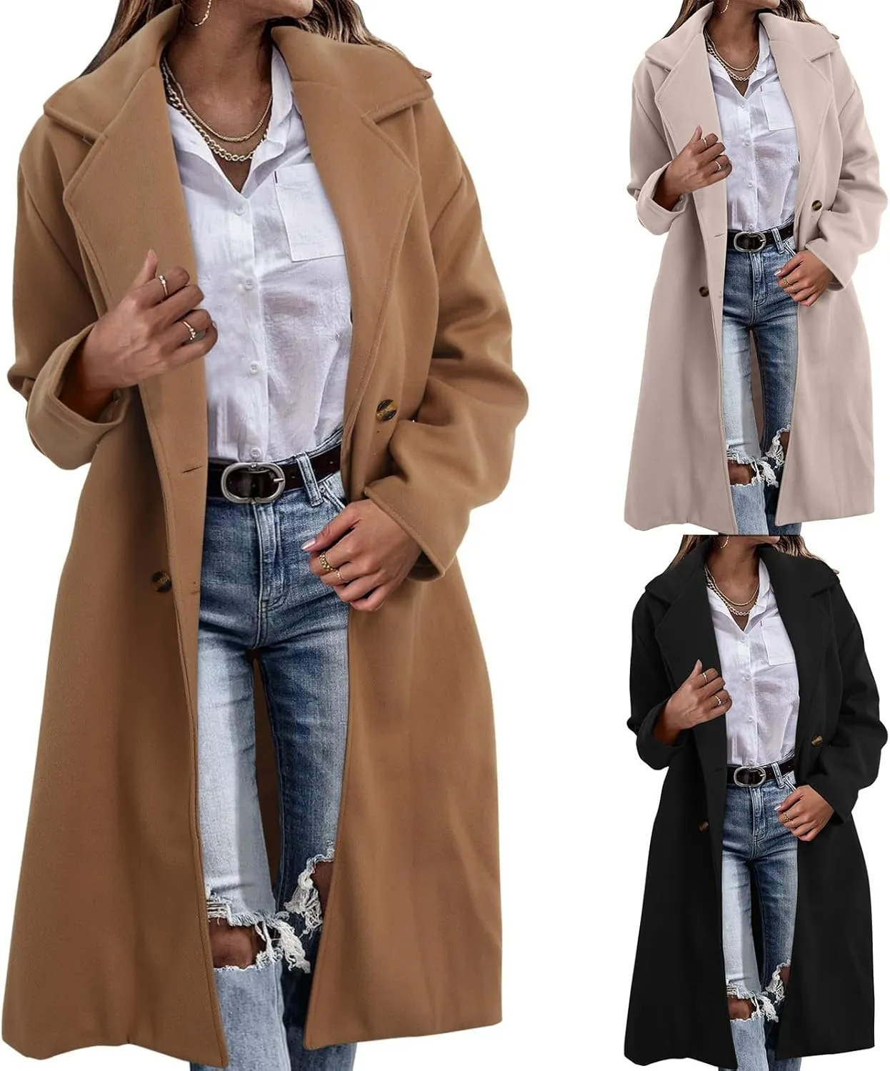 cooki Womens Coats Winter Long Loose Wool Blend Trench Coats Warm Pea Coat Plus Size Long Jackets Double Breasted Coats