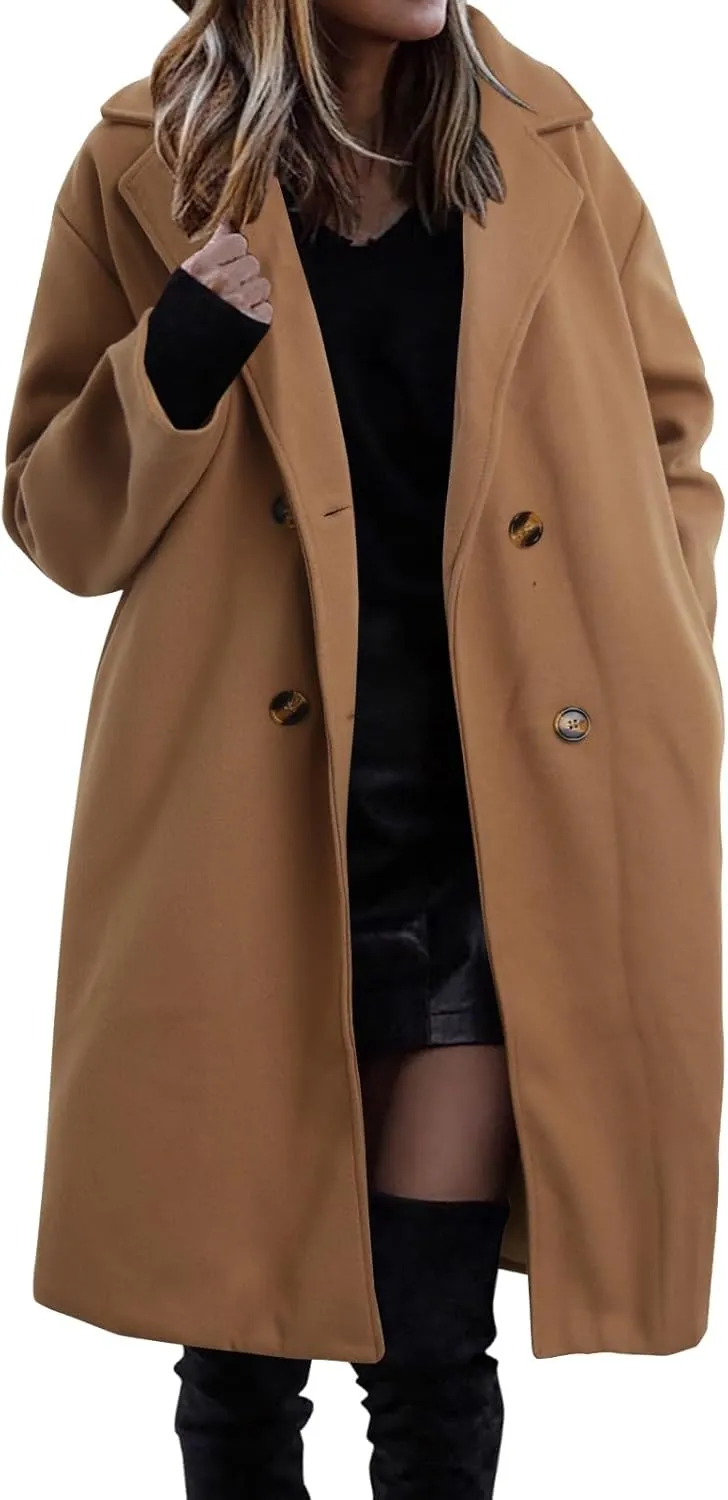 cooki Womens Coats Winter Long Loose Wool Blend Trench Coats Warm Pea Coat Plus Size Long Jackets Double Breasted Coats