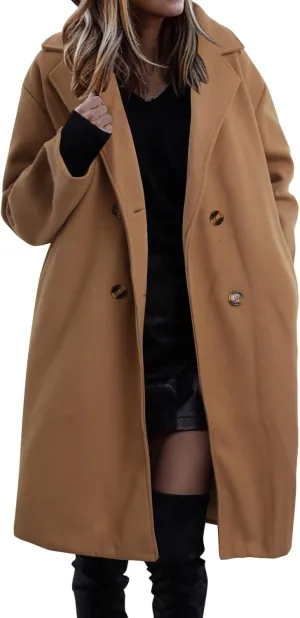 cooki Womens Coats Winter Long Loose Wool Blend Trench Coats Warm Pea Coat Plus Size Long Jackets Double Breasted Coats