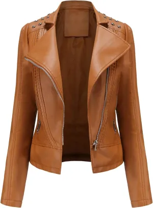 cooki Women's Fashion Slim Fit Zip up Faux Leather Biker Jacket Faux Leather Moto Jacket Casual Short PU Biker Coats