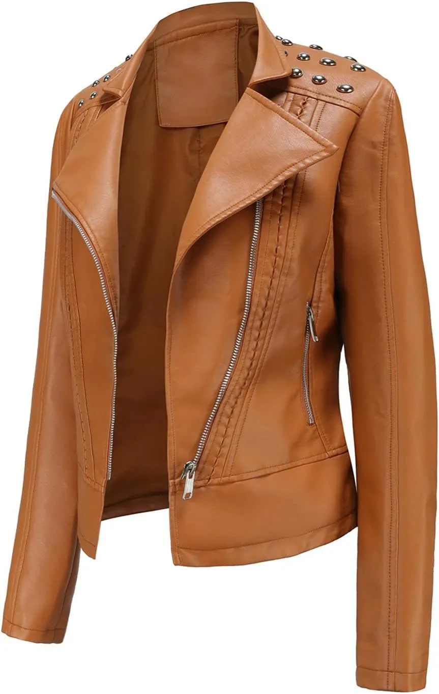 cooki Women's Fashion Slim Fit Zip up Faux Leather Biker Jacket Faux Leather Moto Jacket Casual Short PU Biker Coats