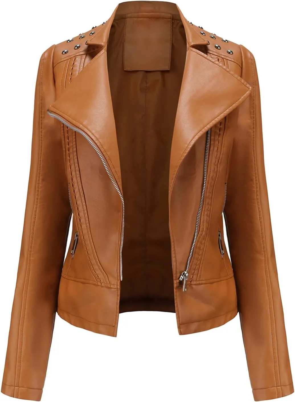 cooki Women's Fashion Slim Fit Zip up Faux Leather Biker Jacket Faux Leather Moto Jacket Casual Short PU Biker Coats