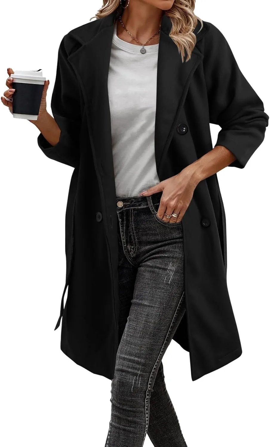 cooki Wool Coats for Women Long Double Breasted Trench Coat Women Lapel Wool Blend Pea Coat Winter Warm Casual Dress Coat