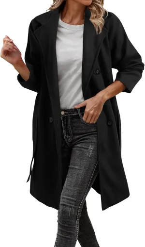cooki Wool Coats for Women Long Double Breasted Trench Coat Women Lapel Wool Blend Pea Coat Winter Warm Casual Dress Coat