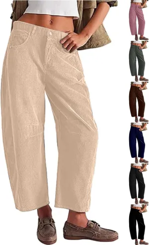Corduroy Pants Women High Waisted Wide Leg Pants Button Elastic Waist Barrel Pants Loose Lounge Pants with Pockets