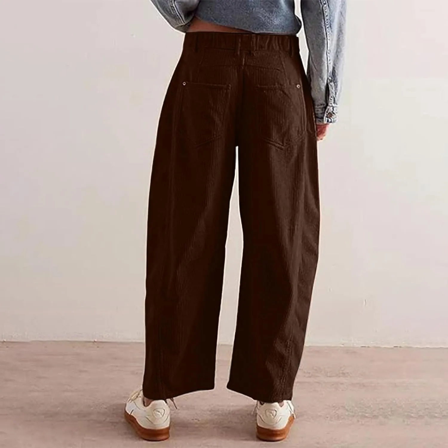 Corduroy Pants Women High Waisted Wide Leg Pants Button Elastic Waist Barrel Pants Loose Lounge Pants with Pockets