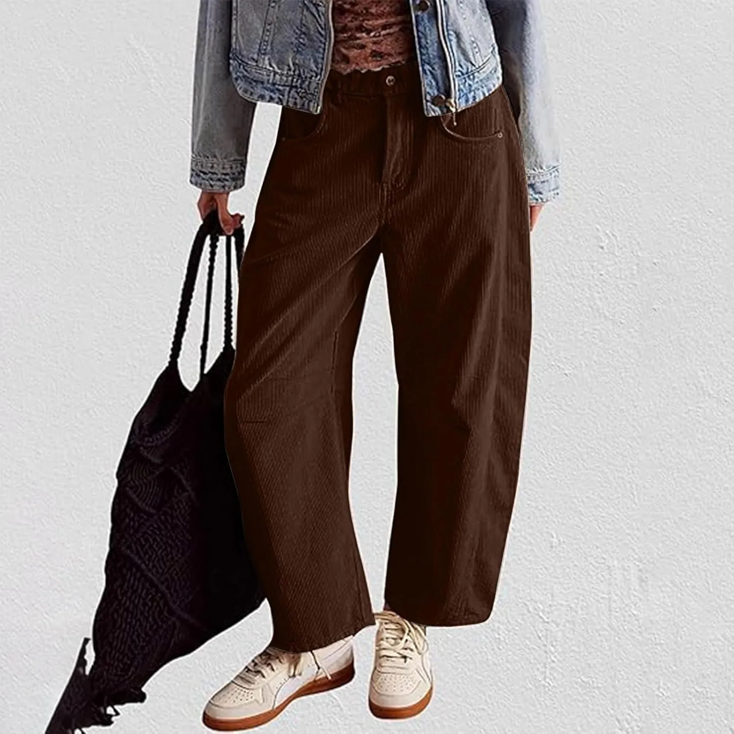 Corduroy Pants Women High Waisted Wide Leg Pants Button Elastic Waist Barrel Pants Loose Lounge Pants with Pockets
