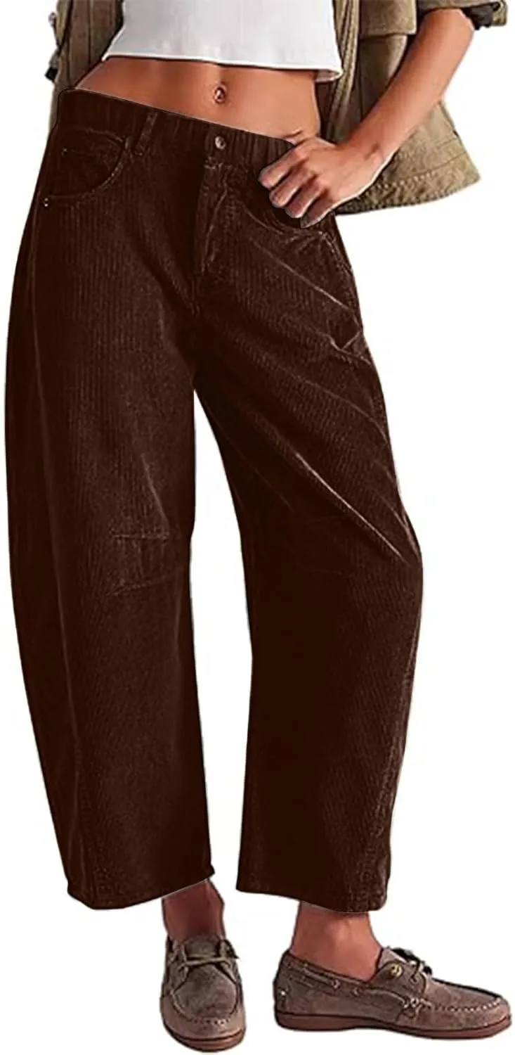 Corduroy Pants Women High Waisted Wide Leg Pants Button Elastic Waist Barrel Pants Loose Lounge Pants with Pockets