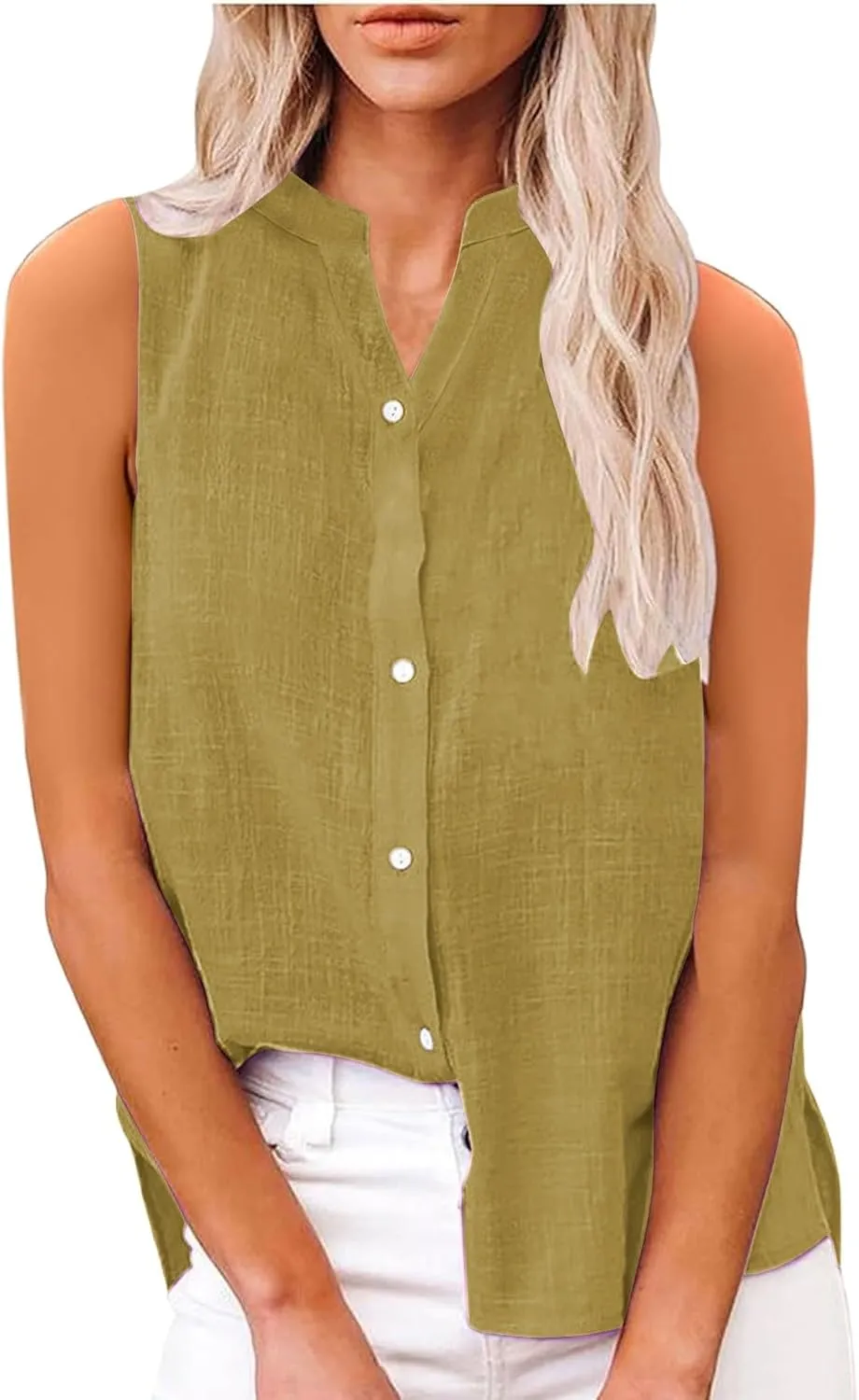 Cotton Linen Shirts for Women Sleeveless Collared Tops Oversized Button Up Blouses Work Shirts Casual Summer Tshirt