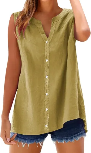 Cotton Linen Shirts for Women Sleeveless Collared Tops Oversized Button Up Blouses Work Shirts Casual Summer Tshirt