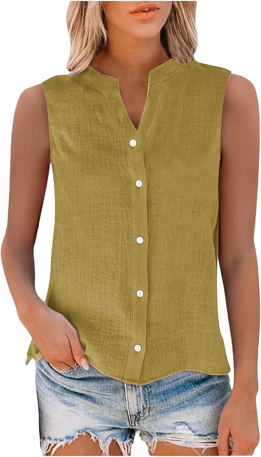Cotton Linen Shirts for Women Sleeveless Collared Tops Oversized Button Up Blouses Work Shirts Casual Summer Tshirt