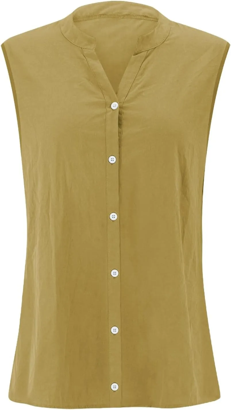 Cotton Linen Shirts for Women Sleeveless Collared Tops Oversized Button Up Blouses Work Shirts Casual Summer Tshirt