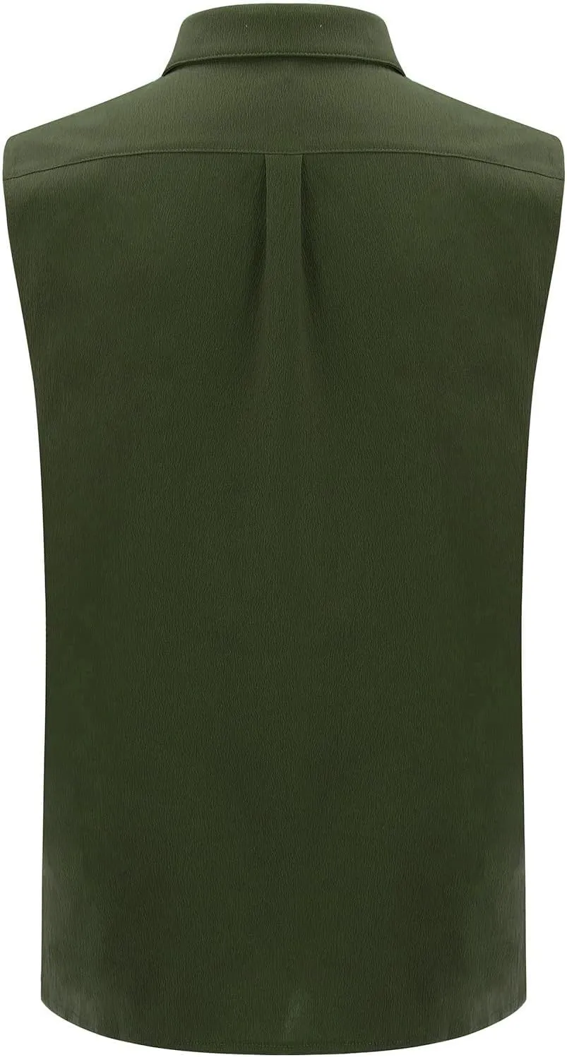 Cotton Linen Sleeveless Beach Shirts for Men Summer Casual Solid Polo Tank Top Spread Collar Button Down