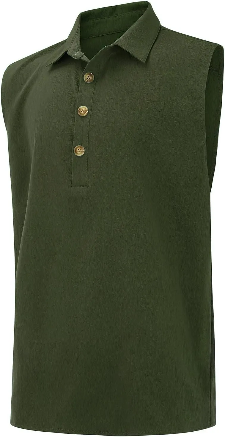 Cotton Linen Sleeveless Beach Shirts for Men Summer Casual Solid Polo Tank Top Spread Collar Button Down