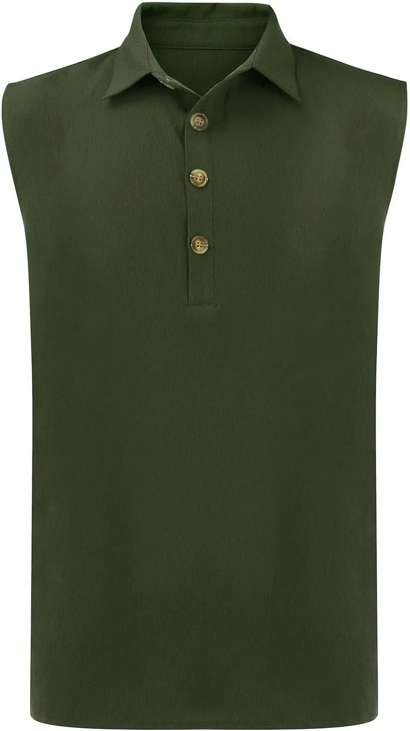 Cotton Linen Sleeveless Beach Shirts for Men Summer Casual Solid Polo Tank Top Spread Collar Button Down