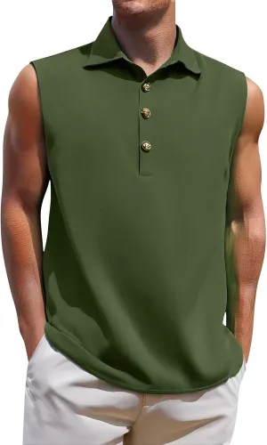 Cotton Linen Sleeveless Beach Shirts for Men Summer Casual Solid Polo Tank Top Spread Collar Button Down
