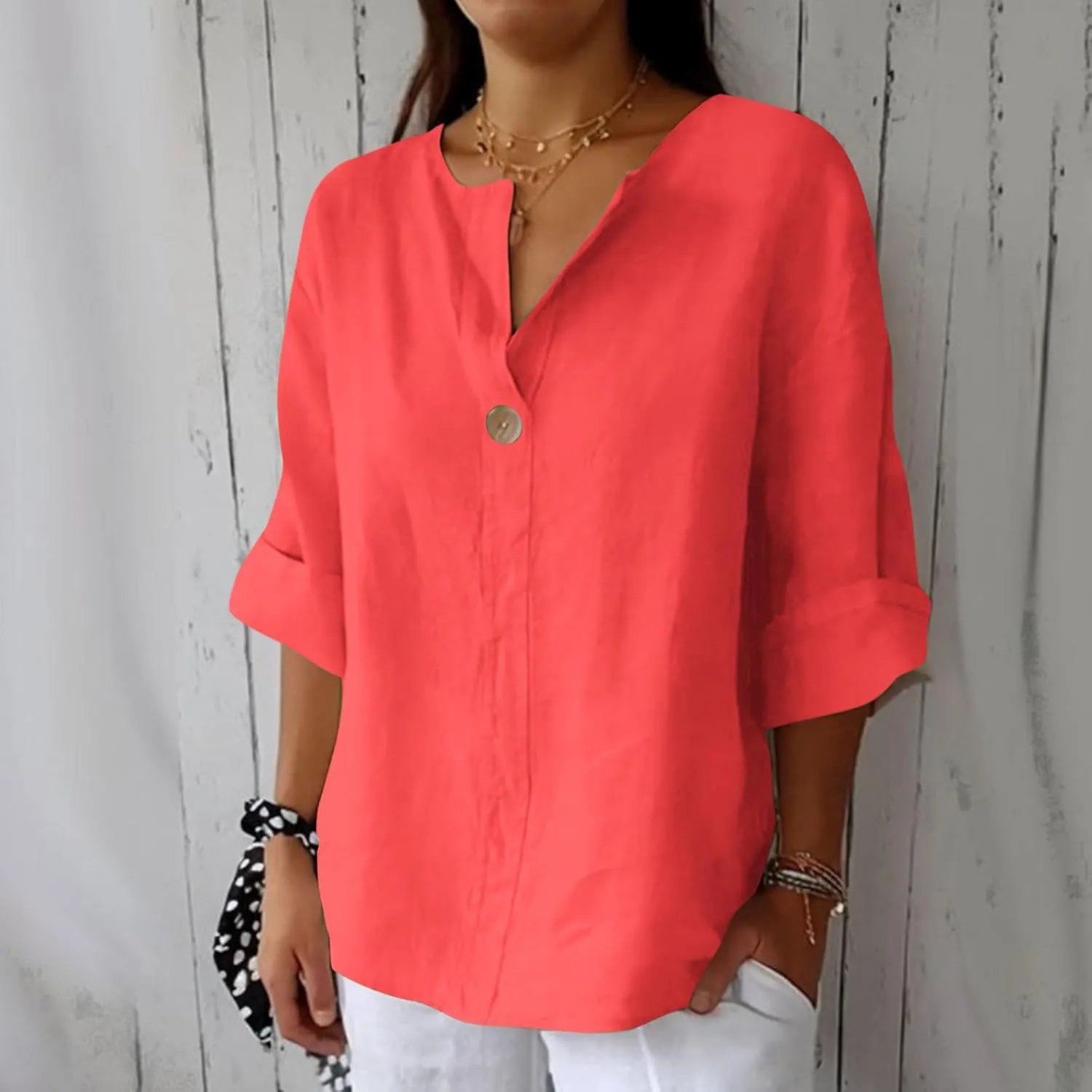 Cotton Linen T Shirt for Women Plus Size Button Up Fashion Casual Blouse Top 3/4 Sleeve 2025 Summer Boho Tunic Shirts