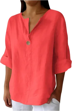 Cotton Linen T Shirt for Women Plus Size Button Up Fashion Casual Blouse Top 3/4 Sleeve 2025 Summer Boho Tunic Shirts