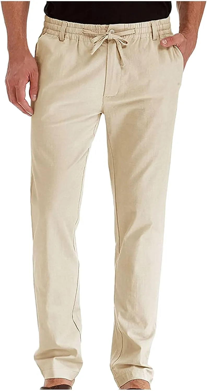 Cotton Men's Casual Elastic Waist Drawstring Straight Leg Comfortable Lounge Daily Summer Beachwear Relaxed Bottoms