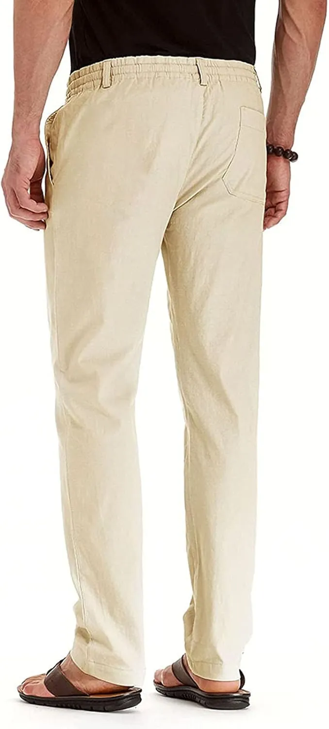 Cotton Men's Casual Elastic Waist Drawstring Straight Leg Comfortable Lounge Daily Summer Beachwear Relaxed Bottoms