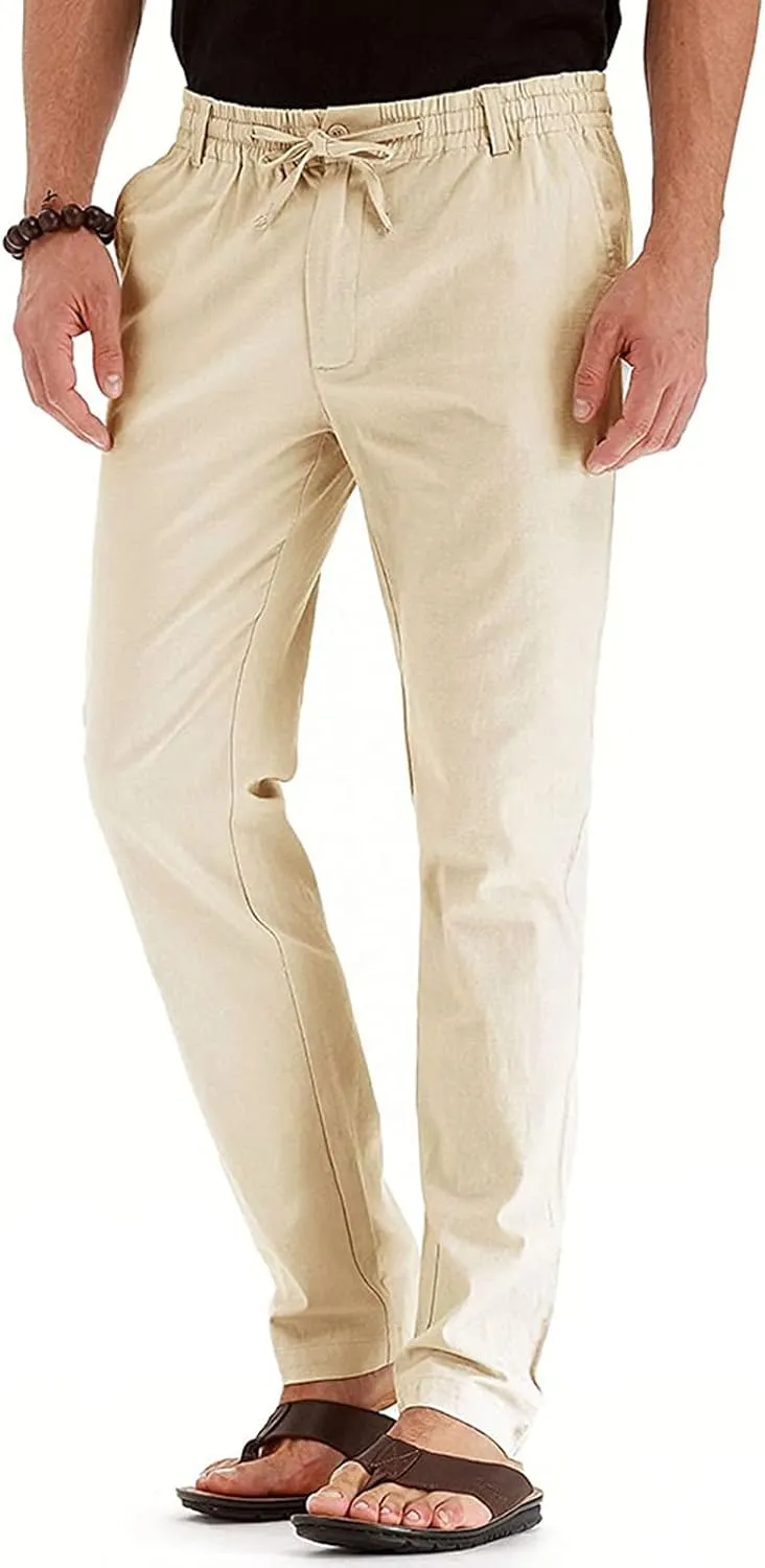 Cotton Men's Casual Elastic Waist Drawstring Straight Leg Comfortable Lounge Daily Summer Beachwear Relaxed Bottoms