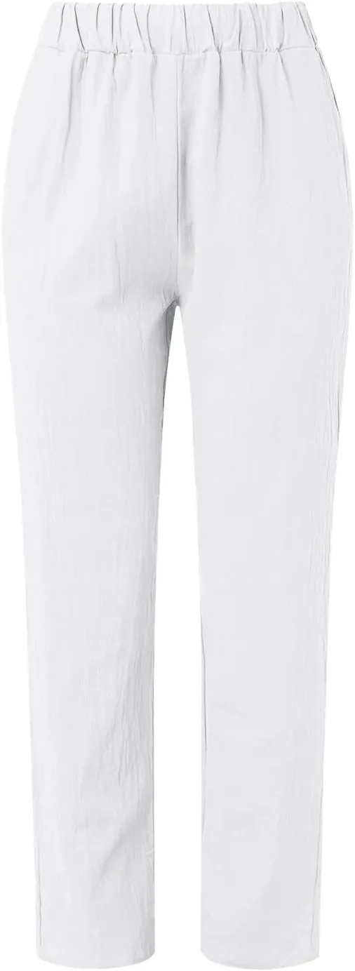 Cropped Linen Pants Women Summer Casual Elastic Waist Pants Baggy Wide Leg Crop Pants Side Button Down Capri Pants
