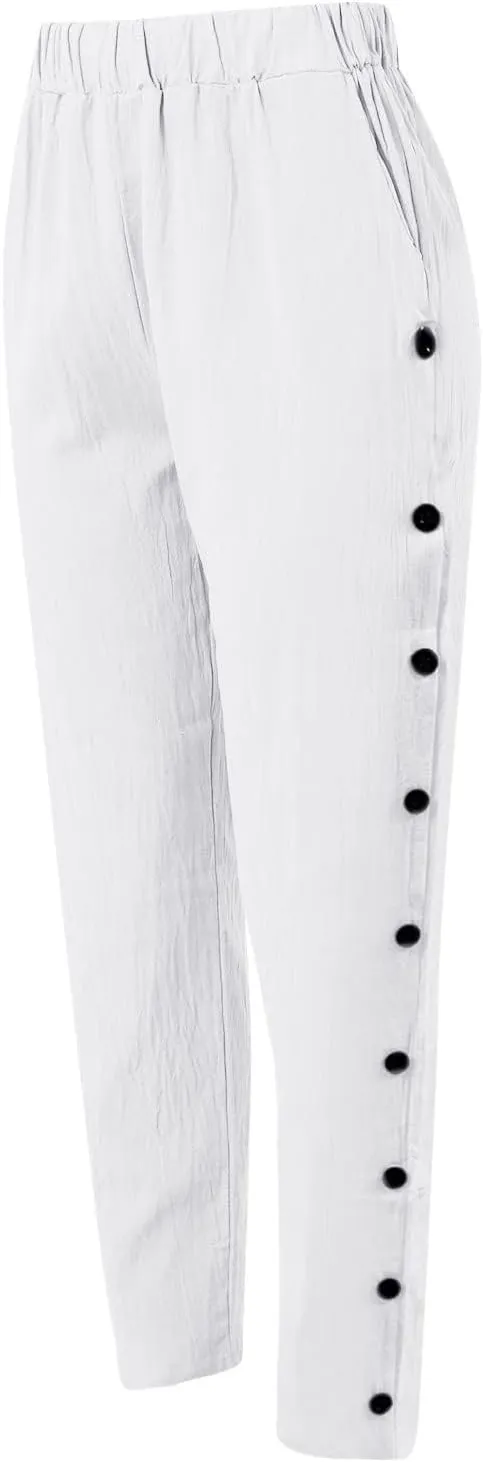 Cropped Linen Pants Women Summer Casual Elastic Waist Pants Baggy Wide Leg Crop Pants Side Button Down Capri Pants