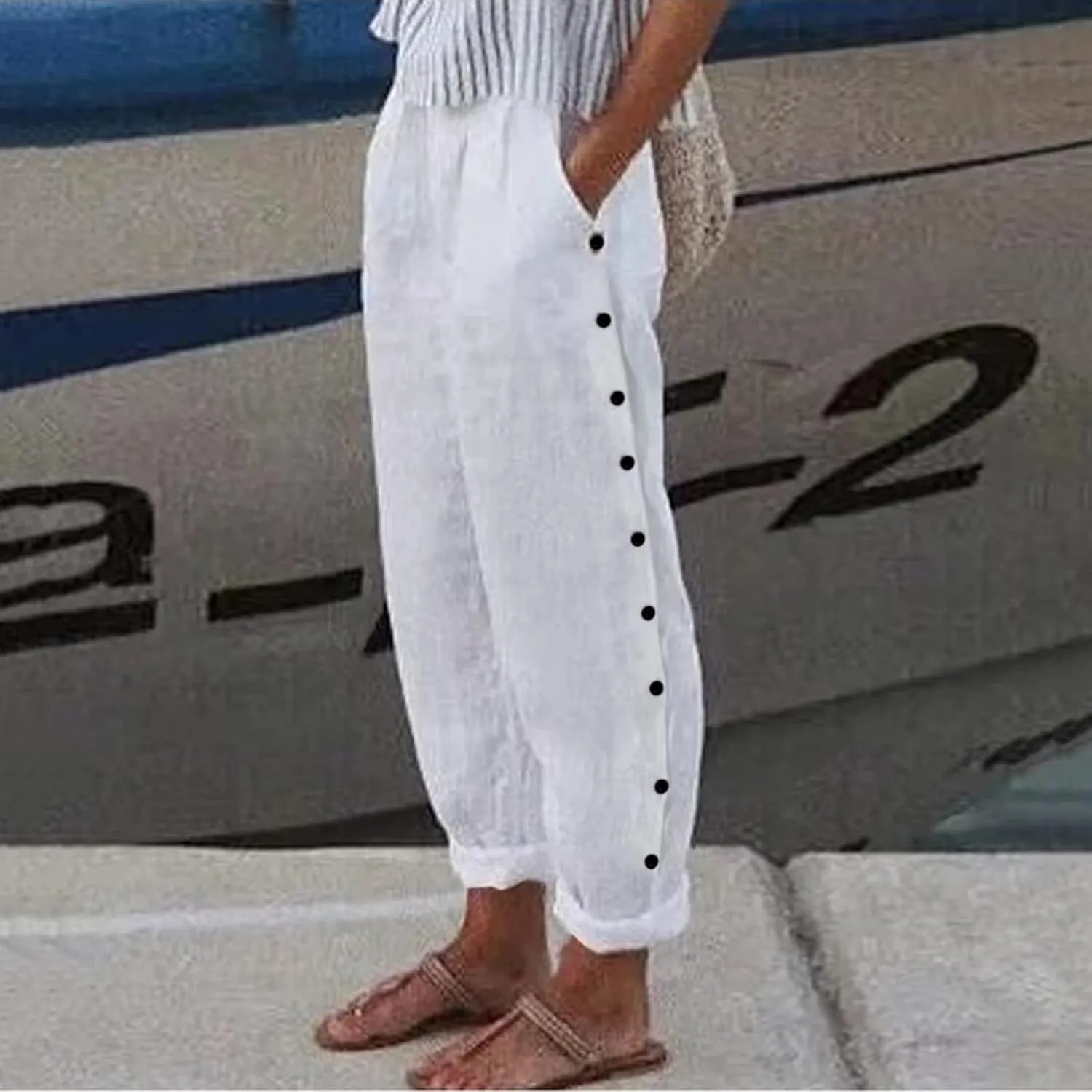 Cropped Linen Pants Women Summer Casual Elastic Waist Pants Baggy Wide Leg Crop Pants Side Button Down Capri Pants