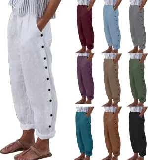 Cropped Linen Pants Women Summer Casual Elastic Waist Pants Baggy Wide Leg Crop Pants Side Button Down Capri Pants