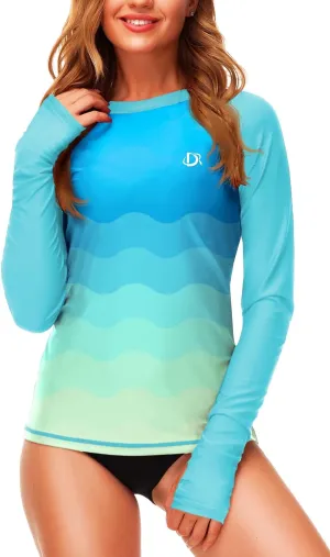 Deerose Womens Gradient Rash Guard UPF 50  Swim Shirts Surfing Top with Thumb Hole