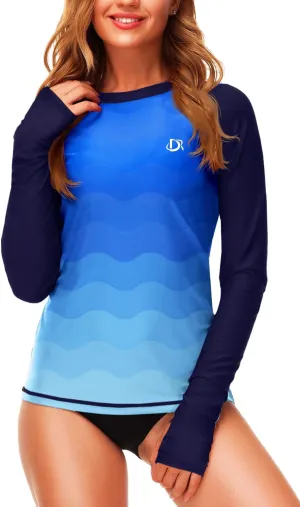 Deerose Womens Gradient Rash Guard UPF 50  Swim Shirts Surfing Top with Thumb Hole