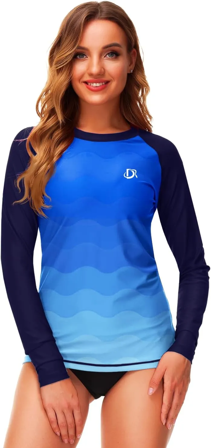 Deerose Womens Gradient Rash Guard UPF 50  Swim Shirts Surfing Top with Thumb Hole