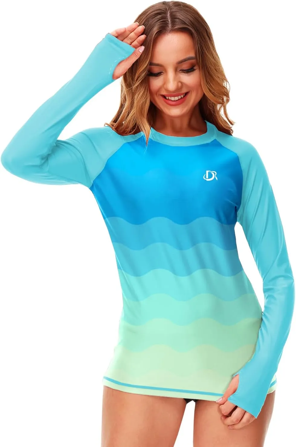 Deerose Womens Gradient Rash Guard UPF 50  Swim Shirts Surfing Top with Thumb Hole