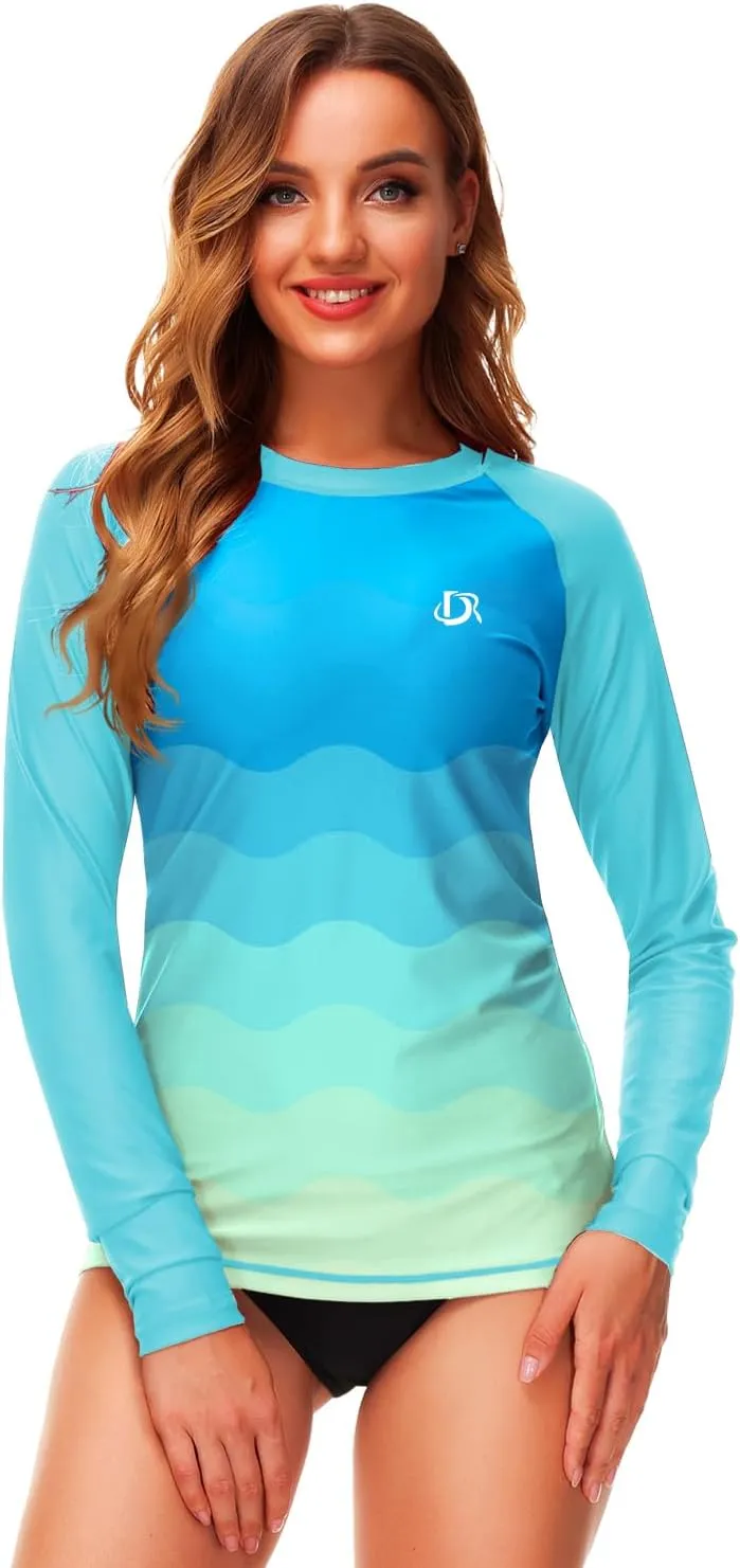 Deerose Womens Gradient Rash Guard UPF 50  Swim Shirts Surfing Top with Thumb Hole