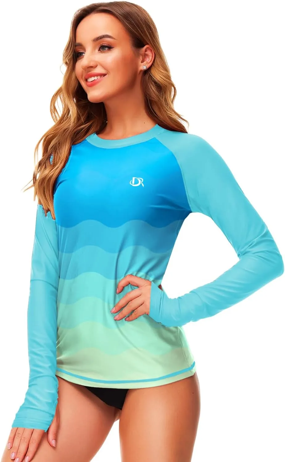 Deerose Womens Gradient Rash Guard UPF 50  Swim Shirts Surfing Top with Thumb Hole