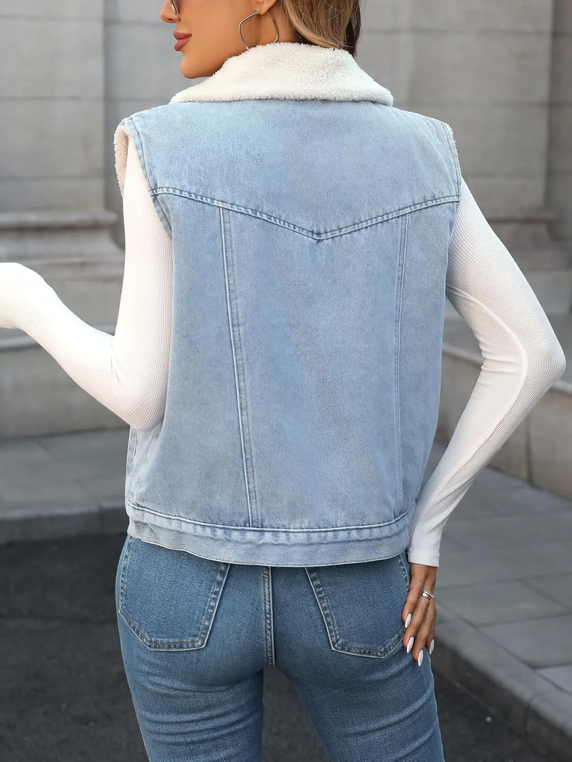 Denim Vest with Faux Fur Collar for Women